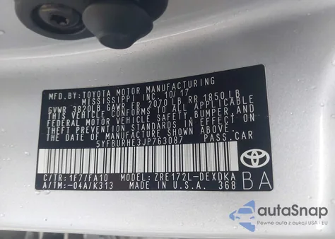 2018 Toyota Corolla L z USA, uszkodzony, nr VIN 5YFBURHE3JP763087